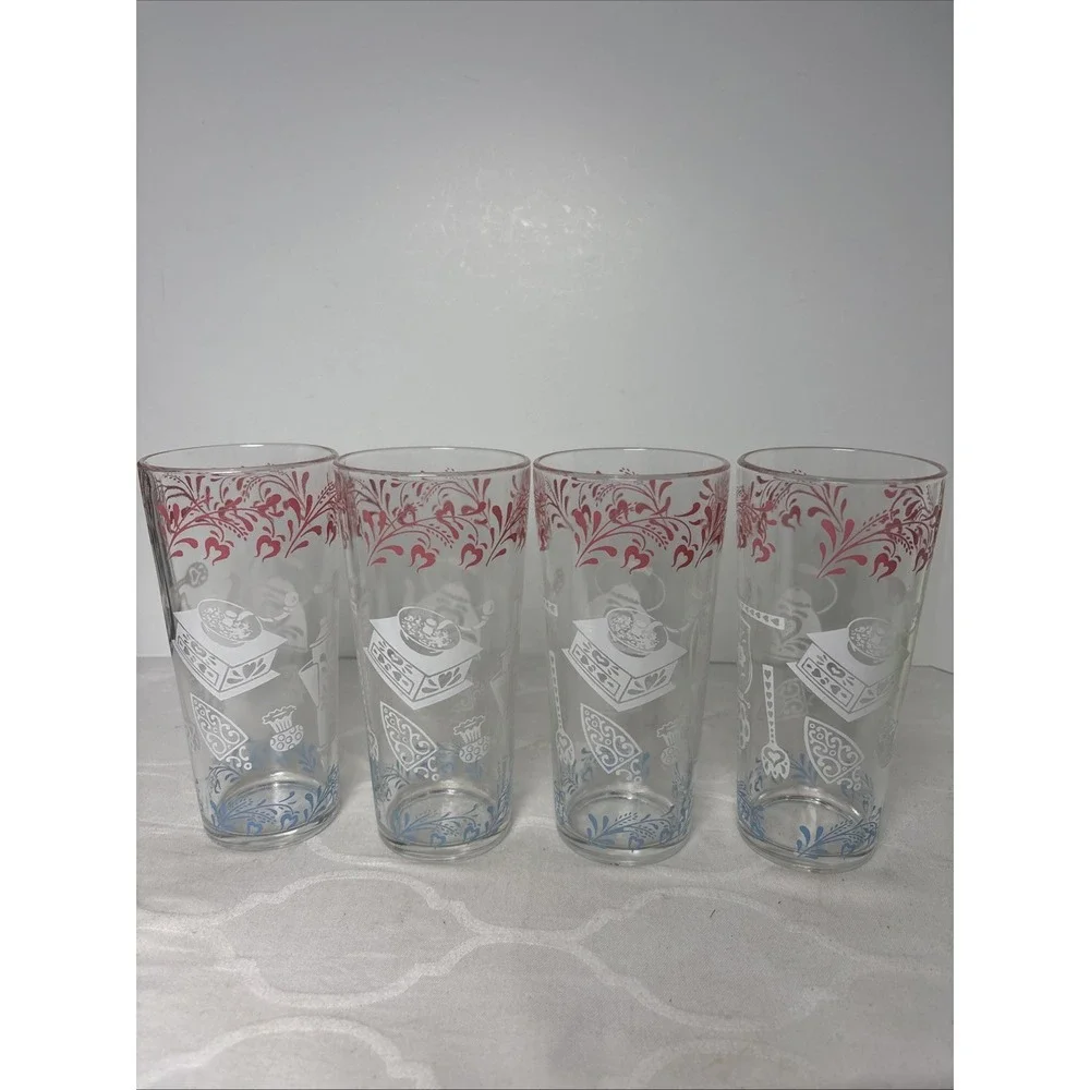 Vintage Hazel Atlas Kitchen Aids 16oz Glass Tumbler - Set of 4 Pink White Blue